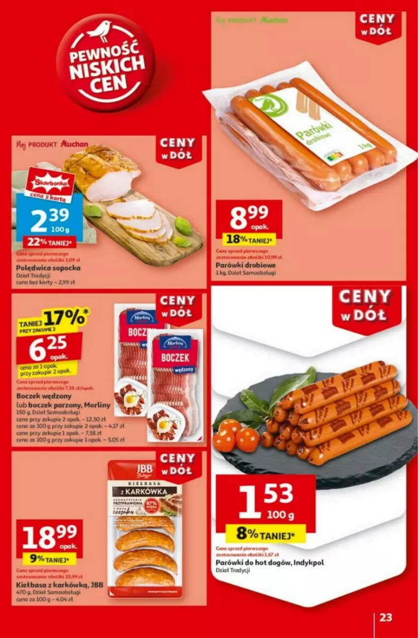 Gazetka promocyjna Auchan - ważna 23.01 do 29.01.2025 - strona 18 - produkty: Boczek, Kiełbasa, Morliny, Parówki