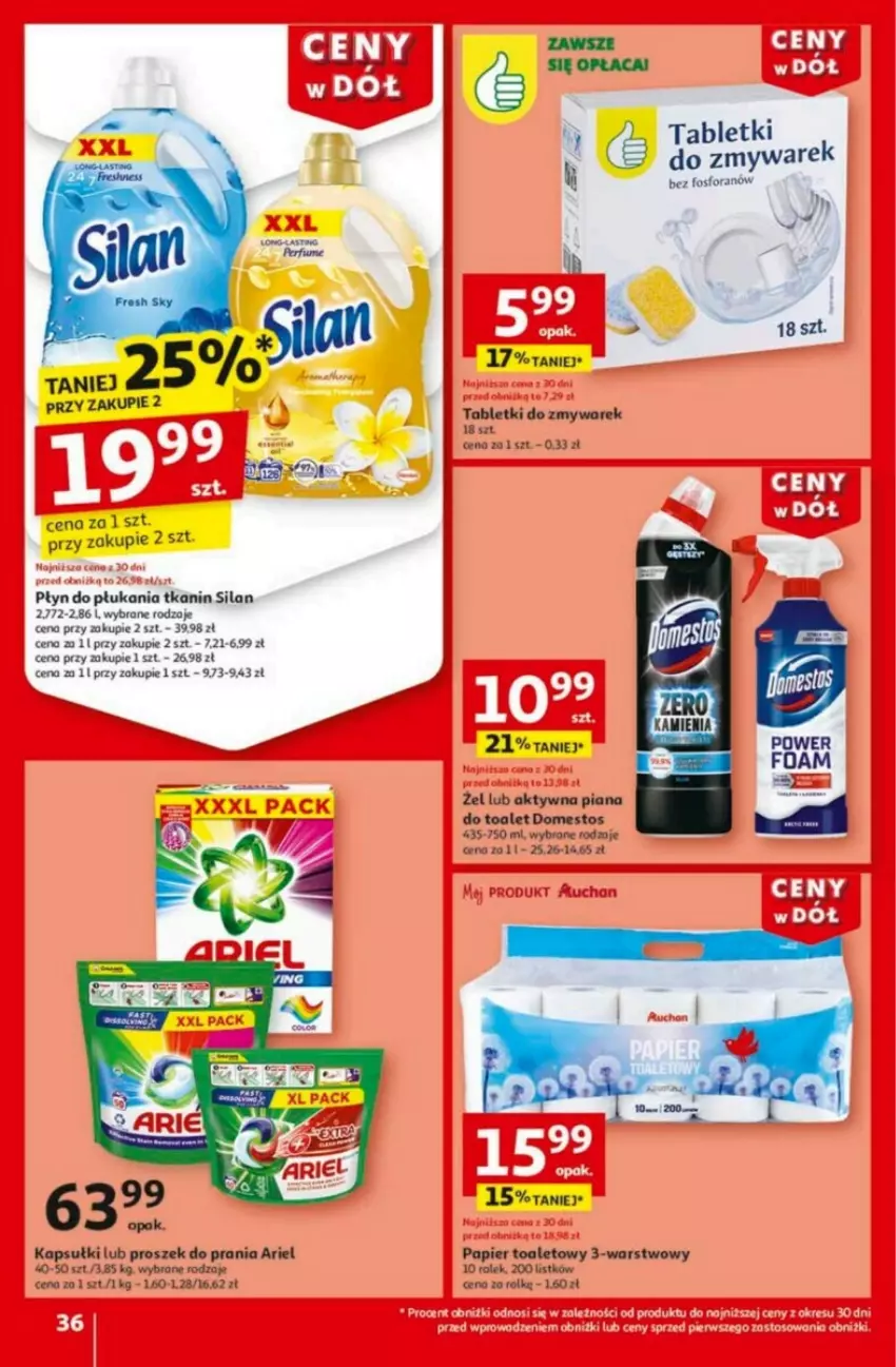 Gazetka promocyjna Auchan - ważna 23.01 do 29.01.2025 - strona 32 - produkty: Ariel, Domestos, Papier, Papier toaletowy, Płyn do płukania, Proszek do prania, Silan, Tablet, Tran