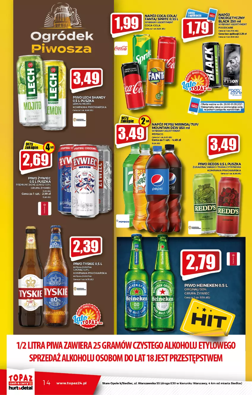 Gazetka promocyjna Topaz - Gazetka - ważna 26.08 do 01.09.2021 - strona 14 - produkty: Fa, Gra, Heineken, Piwa, Piwo, Top, Tyskie