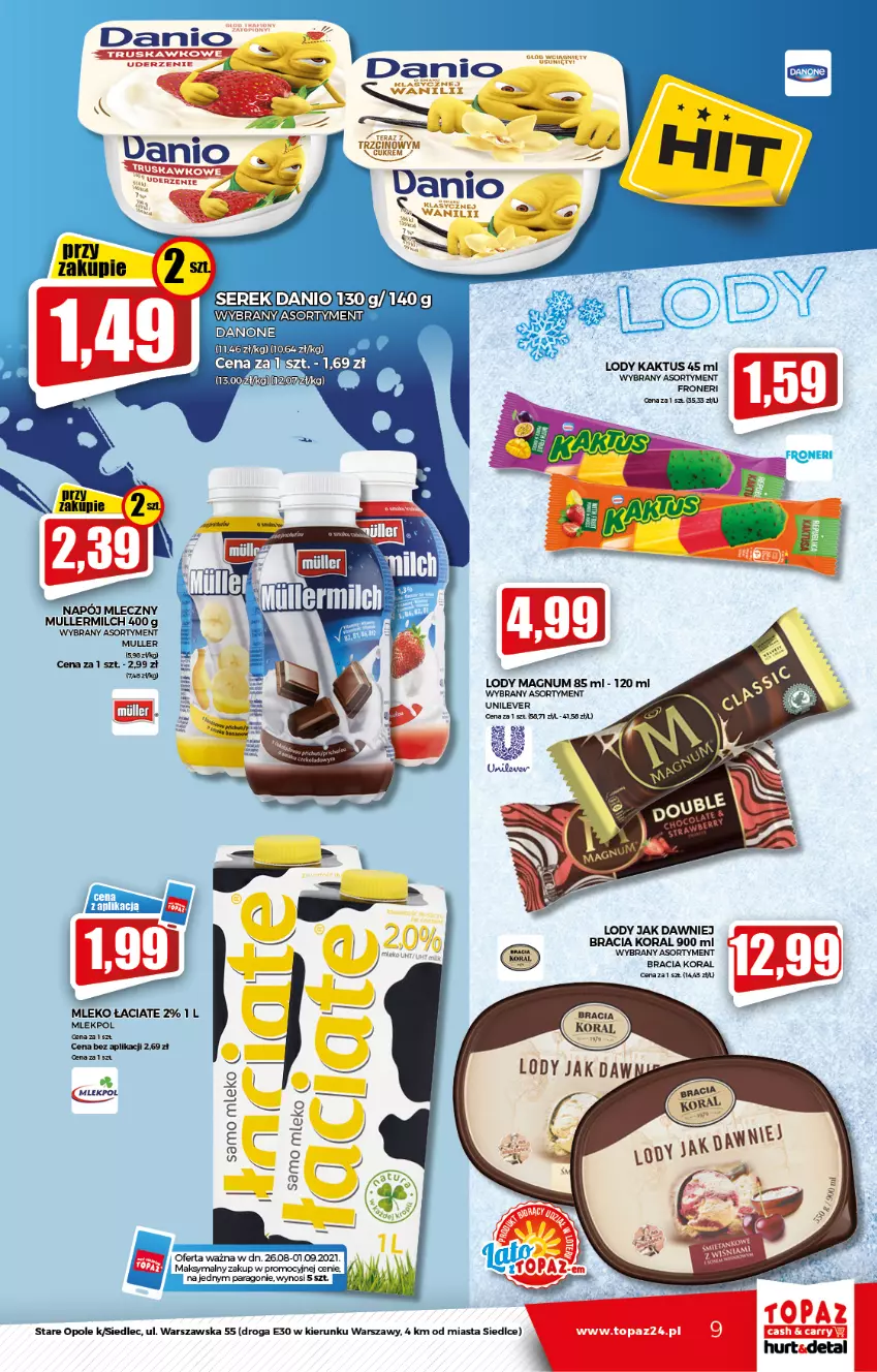 Gazetka promocyjna Topaz - Gazetka - ważna 26.08 do 01.09.2021 - strona 9 - produkty: Danio, Danone, Kaktus, Lody, Mleko, Napój, Napój mleczny, Ser, Serek