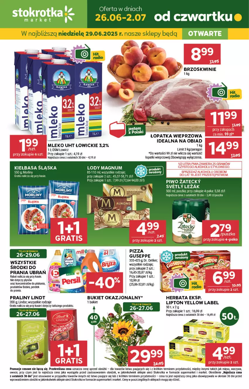 Gazetka promocyjna Stokrotka - Market - ważna 26.06 do 02.07.2025 - strona 1 - produkty: Brzoskwinie, Bukiet, Dr. Oetker, Gra, Herbata, JBL, Kiełbasa, Kiełbasa śląska, Lindor, Lindt, Lipton, Lody, Mięso, Mleko, Morliny, Owoce, Piwo, Praliny, Warzywa