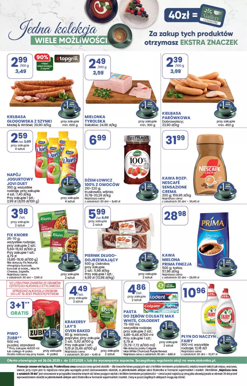 Gazetka promocyjna Stokrotka - Market - ważna 26.06 do 02.07.2025 - strona 22 - produkty: Colgate, Dżem, Fa, Fairy, Gra, Jogurt, Kawa, Kiełbasa, Knorr, Krakersy, LG, Mięso, Napój, Owoce, Piernik, Piwo, Prima, Pur, Sok, Sokołów, Sos, Torba, Warzywa