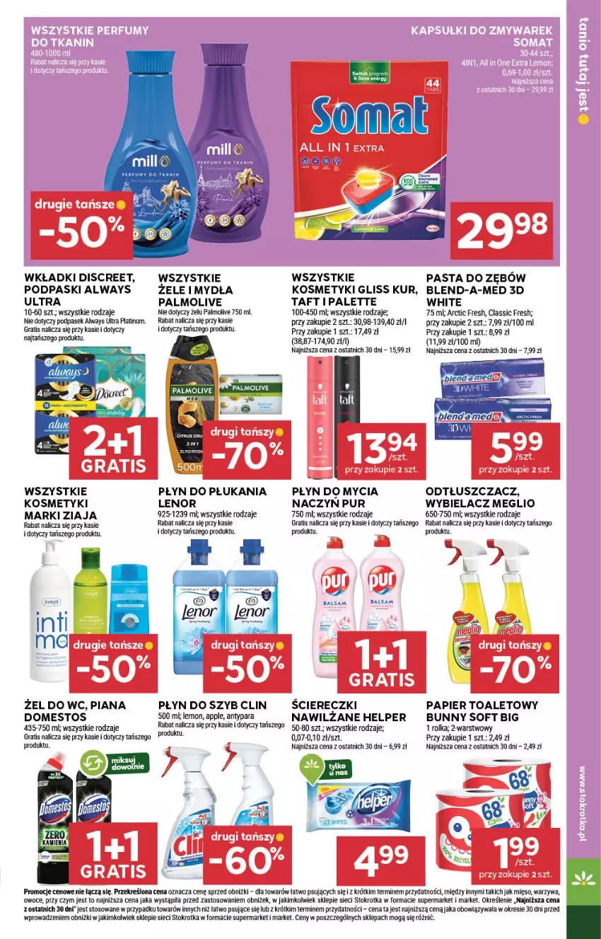 Gazetka promocyjna Stokrotka - Market - ważna 26.06 do 02.07.2025 - strona 23 - produkty: Always, Always Ultra, Blend-a-Med, Clin, Discreet, Domestos, Gliss Kur, Gra, Lenor, Mięso, Odtłuszczacz, Owoce, Palette, Palmolive, Papier, Papier toaletowy, Pasek, Pasta do zębów, Płyn do mycia, Płyn do płukania, Płyn do szyb, Podpaski, Pur, Taft, Warzywa, Wkładki, Ziaja