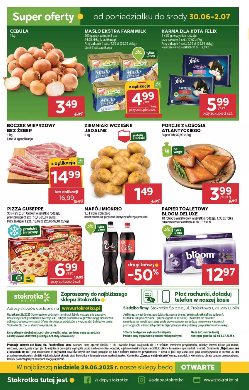 Gazetka promocyjna Stokrotka - Market - ważna 26.06 do 02.07.2025 - strona 24 - produkty: Boczek, Boczek wieprzowy, Cebula, Dr. Oetker, Dres, Fa, Farm Milk, Felix, JBL, LG, Masło, Mięso, Napój, O nas, Owoce, Papier, Papier toaletowy, Pizza, Por, Ser, Sos, Telefon, Wagi, Warzywa, Ziemniaki