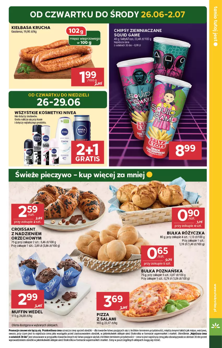 Gazetka promocyjna Stokrotka - Market - ważna 26.06 do 02.07.2025 - strona 5 - produkty: Bułka, Chipsy, Croissant, Gra, Kiełbasa, Kiełbasa krucha, Mięso, Nivea, Owoce, Pizza, Salami, Warzywa