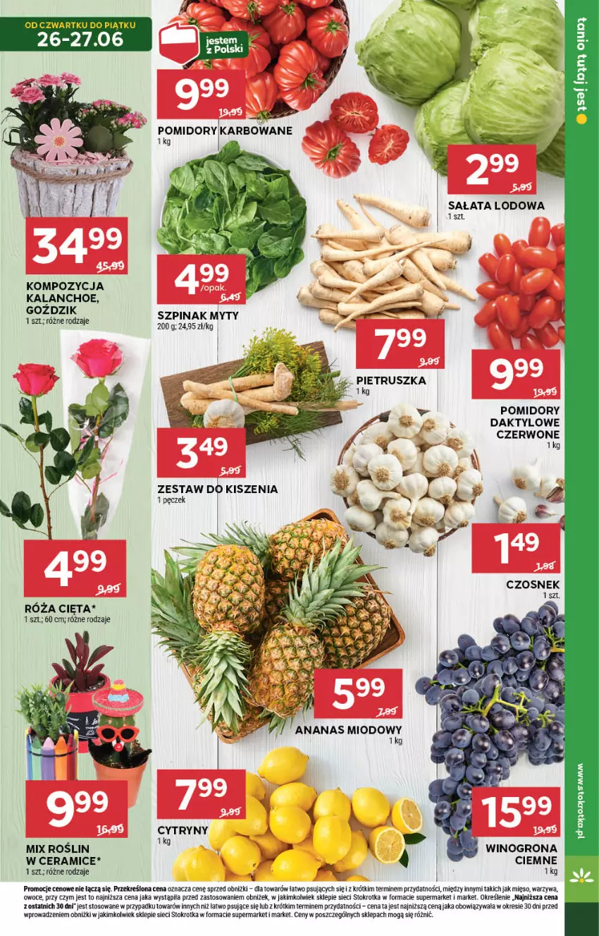 Gazetka promocyjna Stokrotka - Market - ważna 26.06 do 02.07.2025 - strona 7 - produkty: Ananas, Cytryny, Kalanchoe, Mięso, Owoce, Pomidory, Róża, Sałat, Sałata lodowa, Szpinak, Warzywa, Wino, Winogrona