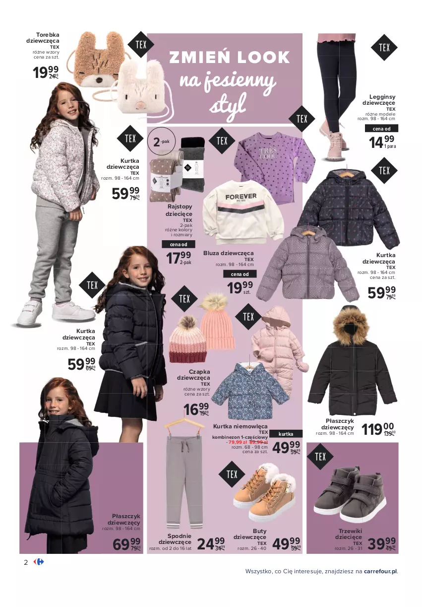 Gazetka promocyjna Carrefour - Gazetka Modne trendy - ważna 12.10 do 24.10.2021 - strona 2 - produkty: Bluza, Buty, Czapka, Dzieci, Gin, Kombinezon, Kurtka, Legginsy, Płaszcz, Rajstopy, Spodnie, Top, Torebka