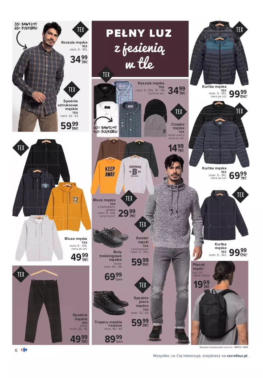 Gazetka promocyjna Carrefour - Gazetka Modne trendy - ważna 12.10 do 24.10.2021 - strona 6 - produkty: Bluza, Buty, Czapka, Fa, Kosz, Koszula, Kurtka, Plecak, Spodnie, Spodnie jeans, Spodnie sztruksowe, Sweter