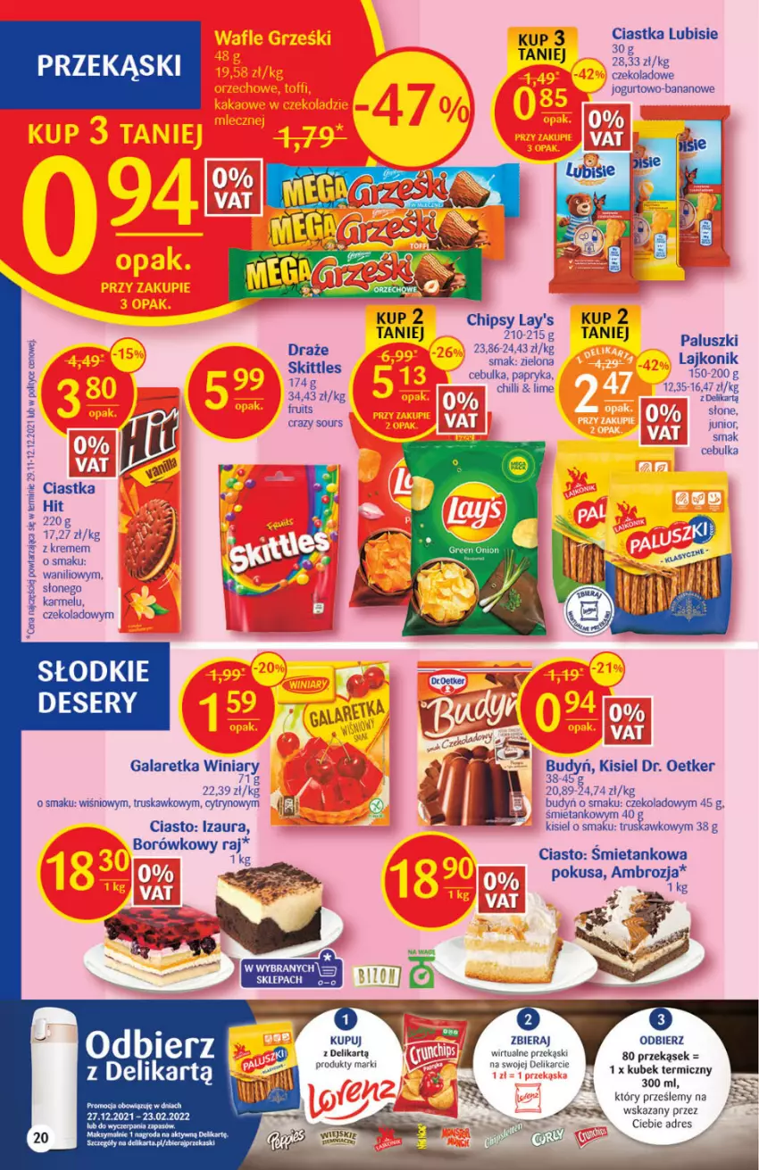 Gazetka promocyjna Delikatesy Centrum - Gazetka DC06 - ważna 10.02 do 16.02.2022 - strona 20 - produkty: Budyń, Chipsy, Ciastka, Dr. Oetker, Dres, Gala, Galaretka, Jogurt, Kask, Kisiel, Kubek, Kubek termiczny, Lajkonik, Lubisie, Papryka, Winiary