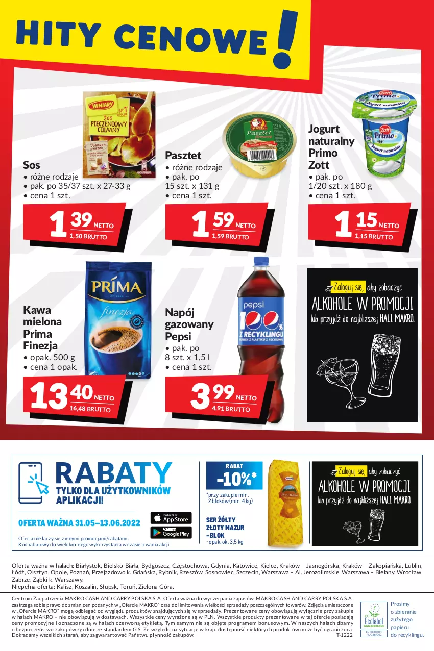 Gazetka promocyjna Makro - [Oferta promocyjna] Artykuły spożywcze i przemysłowe - ważna 31.05 do 13.06.2022 - strona 16 - produkty: Gra, Jogurt, Jogurt naturalny, Kawa, Kawa mielona, Kosz, Napój, Napój gazowany, Papier, Pasztet, Pepsi, Piec, Prima, Rum, Ser, Sos, Szal, Złoty Mazur, Zott