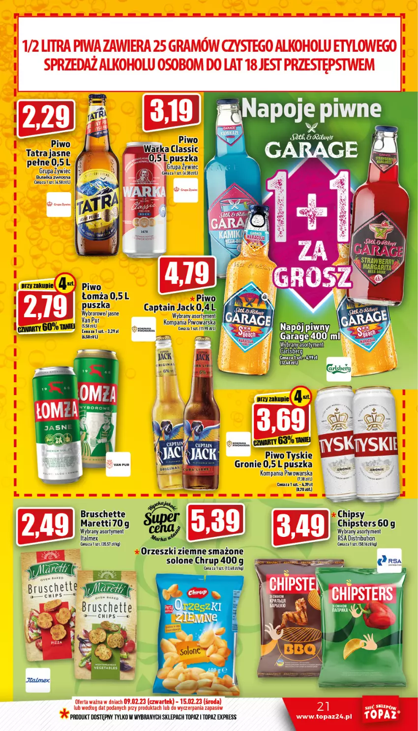 Gazetka promocyjna Topaz - Gazetka - ważna 09.02 do 15.02.2023 - strona 21 - produkty: Bruschette, Chipsy, Napój, Piwo, Tatra, Top, Tyskie