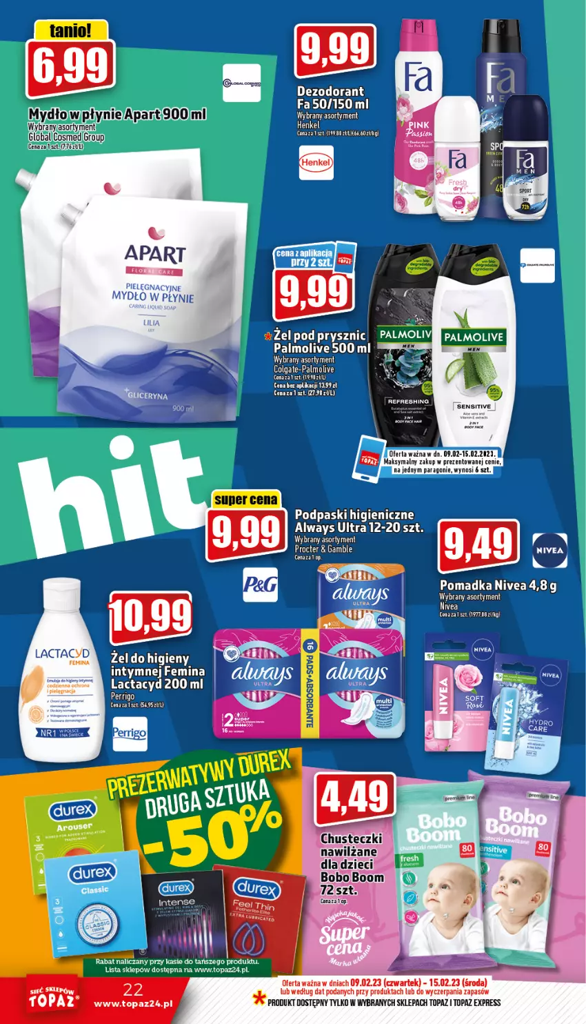 Gazetka promocyjna Topaz - Gazetka - ważna 09.02 do 15.02.2023 - strona 22 - produkty: Always, Always Ultra, Colgate, Fa, Lactacyd, LG, Mydło, Nivea, Palmolive, Podpaski, Por, Top