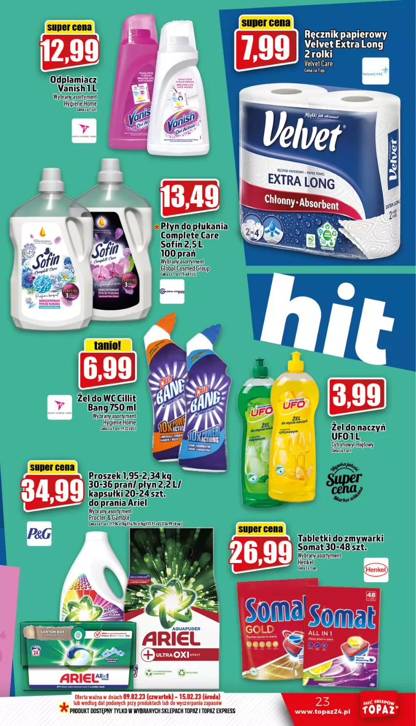 Gazetka promocyjna Topaz - Gazetka - ważna 09.02 do 15.02.2023 - strona 23 - produkty: Ariel, Odplamiacz, Papier, Ręcznik, Somat, Tablet, Top, Vanish, Zmywarki