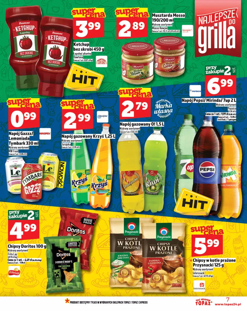 Gazetka promocyjna Topaz - Gazetka - ważna 17.07 do 23.07.2025 - strona 7 - produkty: Chipsy, Dawtona, Ketchup, Mus, Musztarda, Napój, Napój gazowany, Top
