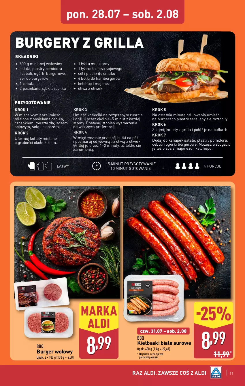 Gazetka promocyjna Aldi - Oferta weekendowa - ważna 31.07 do 02.08.2025 - strona 11 - produkty: Bułka, Burger, Cebula, Grill, Hamburger, Ketchup, Kiełbaski białe, Kotlet, Majonez, Mięso, Mięso mielone, Mus, Nuty, Oliwa, Oliwa z oliwek, Pieprz, Por, Rum, Sałat, Ser, Sól, Sos, Top