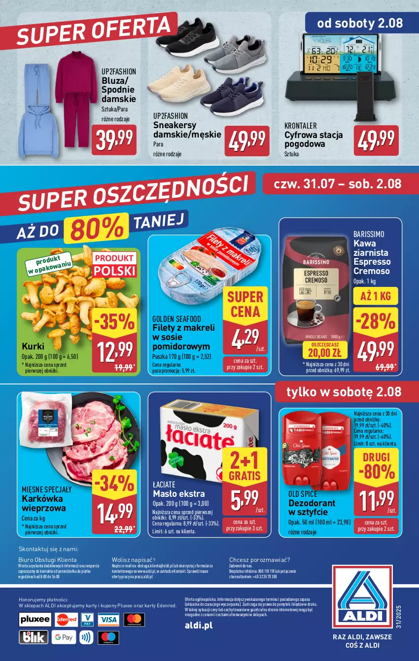 Gazetka promocyjna Aldi - Oferta weekendowa - ważna 31.07 do 02.08.2025 - strona 14 - produkty: Biuro, Bluza, Dezodorant, Fa, Golden Seafood, Gra, Karkówka wieprzowa, Kawa, Kawa ziarnista, Masło, Mięsne specjały, O nas, Old Spice, Por, Sneakersy, Sos, Spodnie, Stacja pogodowa