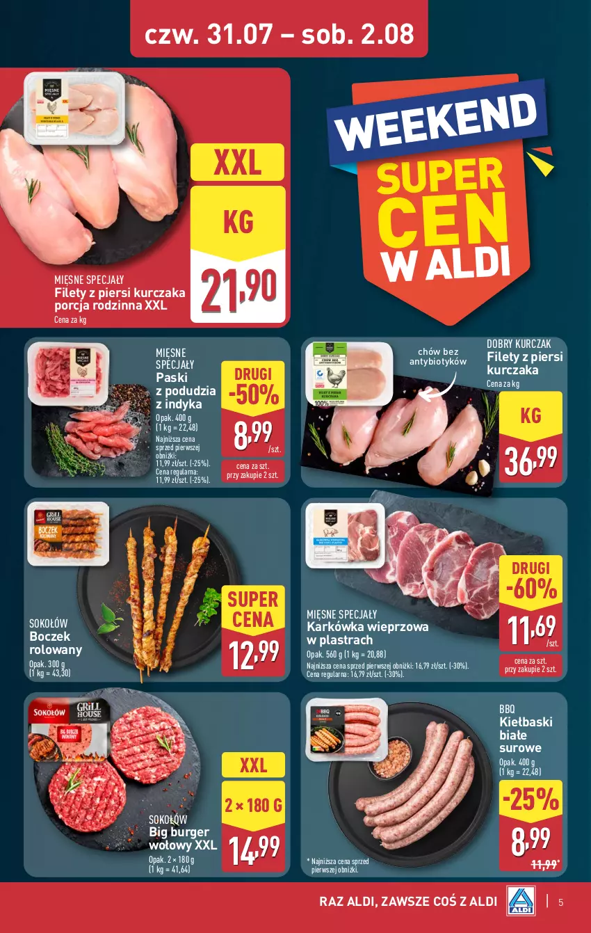 Gazetka promocyjna Aldi - Oferta weekendowa - ważna 31.07 do 02.08.2025 - strona 5 - produkty: Boczek, Burger, Karkówka wieprzowa, Kiełbaski białe, Kurczak, Mięsne specjały, Por, Sok, Sokołów