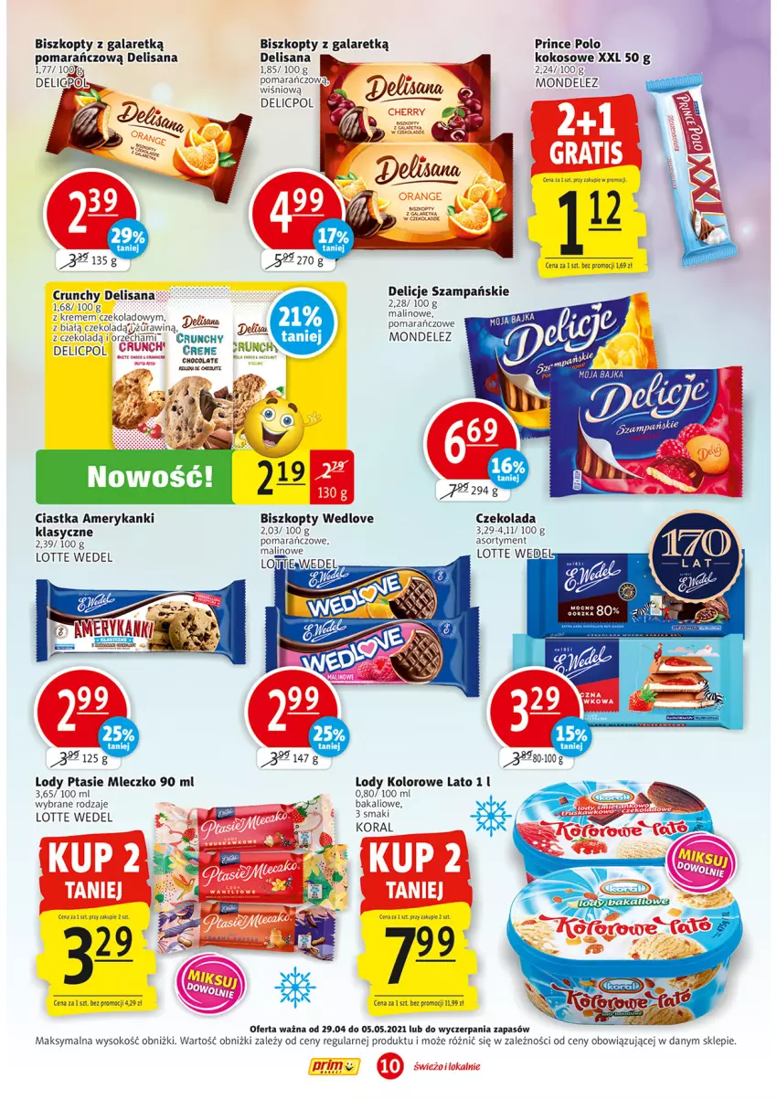 Gazetka promocyjna Prim Market - Gazetka - ważna 29.04 do 05.05.2021 - strona 10 - produkty: Biszkopty, Ciastka, Czekolada, Delicje, Gala, Isana, Kokos, Lody, Mleczko, Prince Polo, Ptasie mleczko, Sok