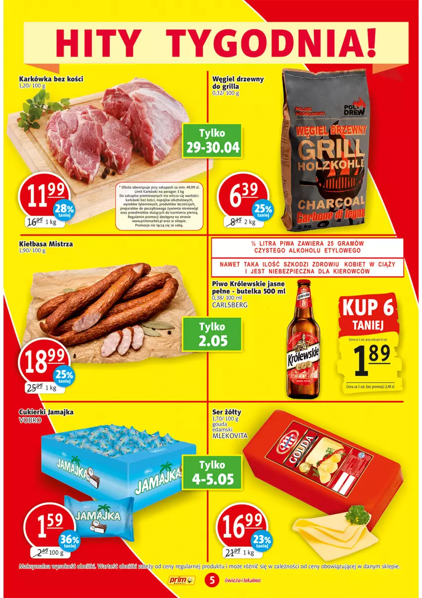 Gazetka promocyjna Prim Market - Gazetka - ważna 29.04 do 05.05.2021 - strona 5 - produkty: Carlsberg, Cukier, Cukierki, Edam, Gouda, Grill, Karmi, Kiełbasa, Królewski, Mleko, Mlekovita, Piwo, Ser, Vita C, Węgiel drzewny, Znicz