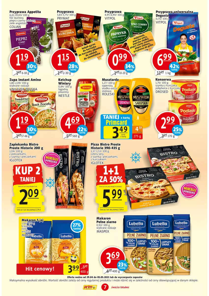 Gazetka promocyjna Prim Market - Gazetka - ważna 29.04 do 05.05.2021 - strona 7 - produkty: Ketchup, Koc, Kurczak, Laur, Makaron, Mus, Musztarda, Piec, Pieczarka, Pizza, Polędwica, Prymat, Ser, Sok, Szynka, Winiary, Zapiekanka, Zupa