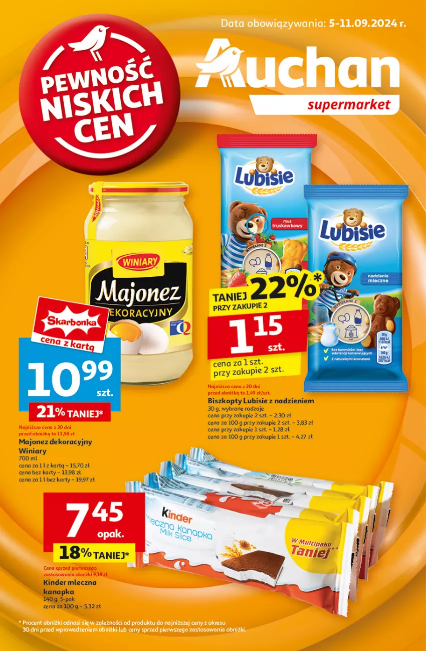 Gazetka promocyjna Auchan - Pewność Niskich Cen Supermarket - ważna 05.09 do 11.09.2024 - strona 1 - produkty: Biszkopty, Kinder, Lubisie, Majonez, Mleczna kanapka, Winiary