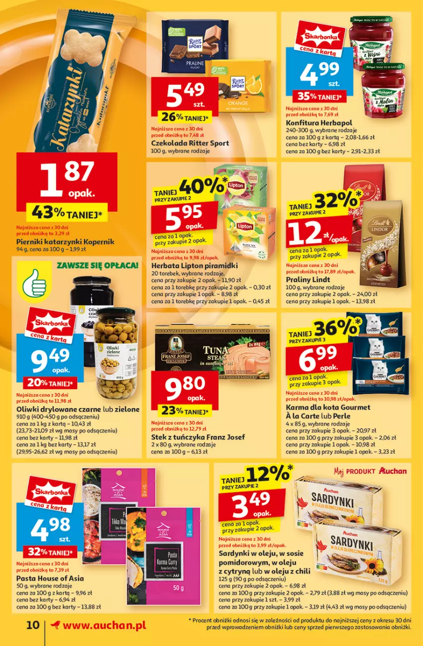 Gazetka promocyjna Auchan - Pewność Niskich Cen Supermarket - ważna 05.09 do 11.09.2024 - strona 12 - produkty: Czekolada, Herbapol, Herbata, House of Asia, Konfitura, Lindt, Lipton, Olej, Oliwki, Piernik, Por, Praliny, Ritter Sport, Sardynki, Sos, Sport, Stek, Tuńczyk