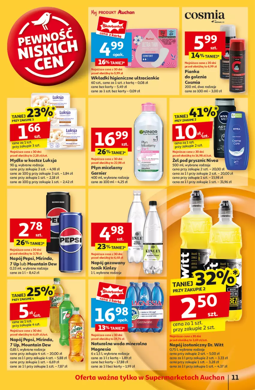 Gazetka promocyjna Auchan - Pewność Niskich Cen Supermarket - ważna 05.09 do 11.09.2024 - strona 13 - produkty: Garnier, Luksja, Mirinda, Mydło, Napój, Napój gazowany, Napój izotoniczny, Nivea, Pepsi, Pianka do golenia, Płyn micelarny, Tonik, Wkładki, Woda, Woda mineralna