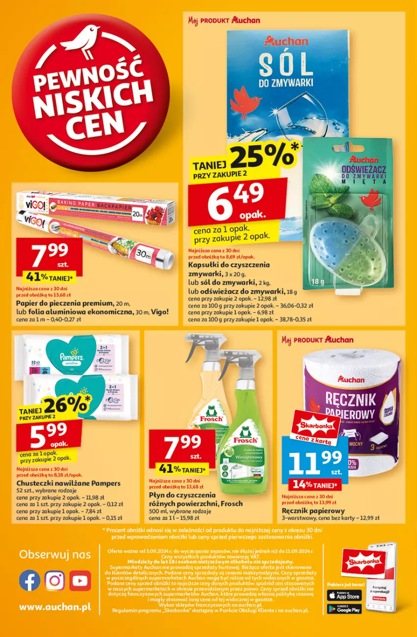 Gazetka promocyjna Auchan - Pewność Niskich Cen Supermarket - ważna 05.09 do 11.09.2024 - strona 14 - produkty: Chusteczki, Folia aluminiowa, Frosch, Odświeżacz do zmywarki, Pampers, Papier, Papier do pieczenia, Piec, Ręcznik, Sól, Zmywarki