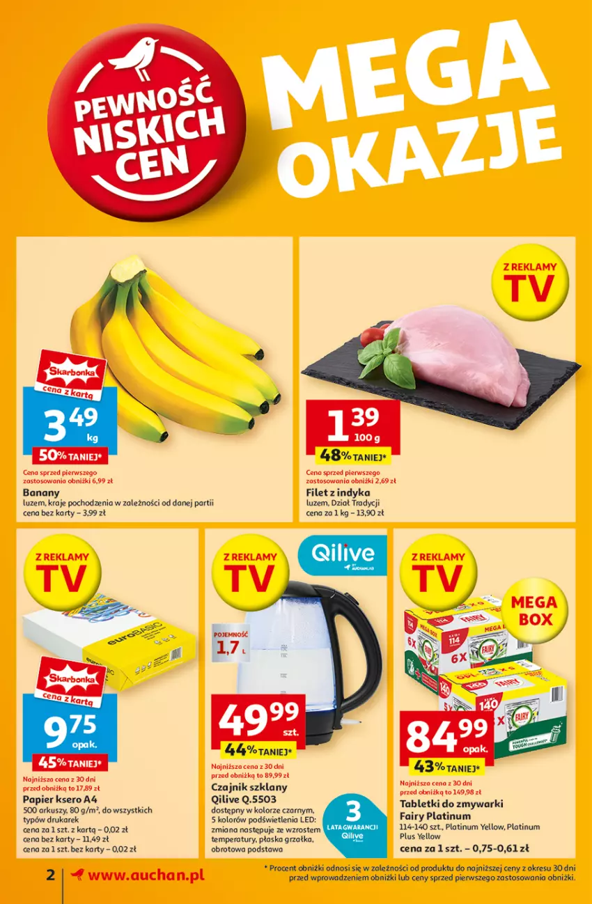 Gazetka promocyjna Auchan - Pewność Niskich Cen Supermarket - ważna 05.09 do 11.09.2024 - strona 2 - produkty: Banany, Czajnik, Fa, Fairy, Grzałka, Papier, Ser, Tablet, Tabletki do zmywarki, Zmywarki