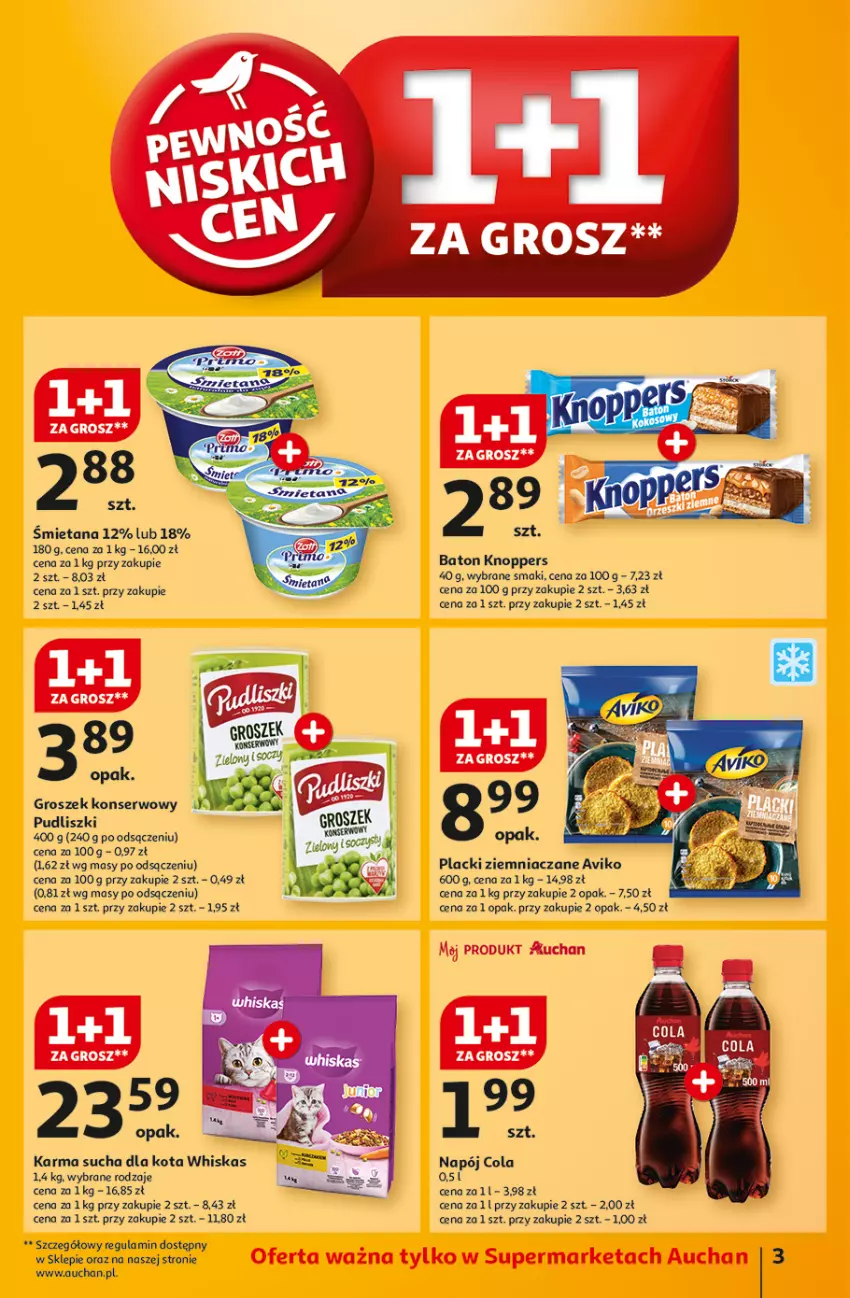 Gazetka promocyjna Auchan - Pewność Niskich Cen Supermarket - ważna 05.09 do 11.09.2024 - strona 3 - produkty: Baton, Groszek, Knoppers, Lack, Napój, Pudliszki, Ser, Whiskas