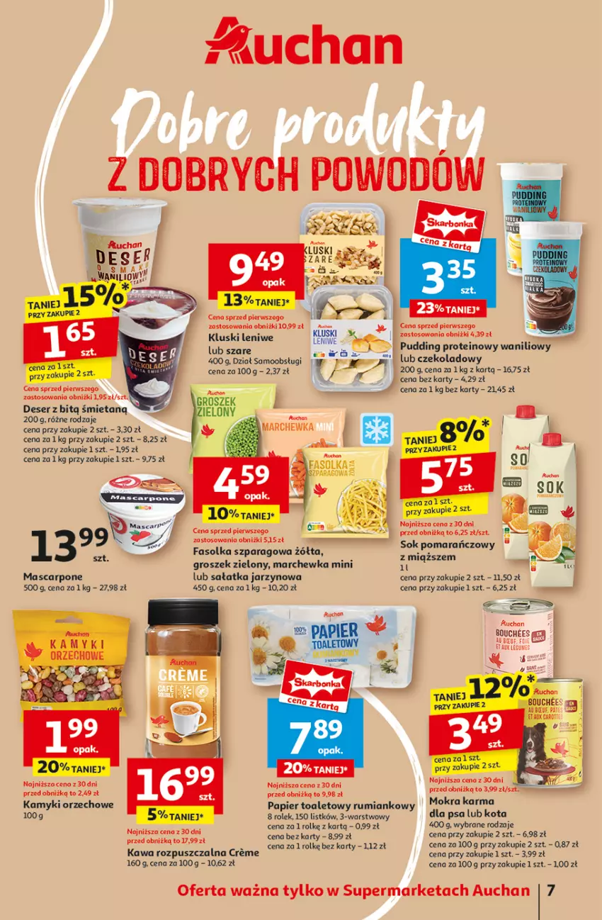 Gazetka promocyjna Auchan - Pewność Niskich Cen Supermarket - ważna 05.09 do 11.09.2024 - strona 9 - produkty: Deser, Fa, Groszek, Kawa, Kawa rozpuszczalna, Marchewka, Mokra karma, Papier, Papier toaletowy, Rum, Sałat, Sałatka, Ser, Sok, Sok pomarańczowy