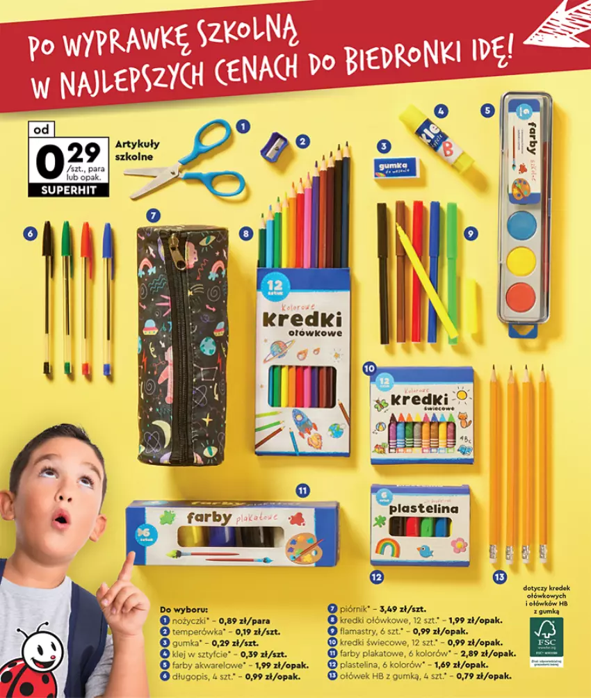 Gazetka promocyjna Biedronka - Szkoła - ważna 29.07 do 31.08.2024 - strona 4 - produkty: Długopis, Fa, Klej, Noż, Nożyczki, Piórnik, Plastelina