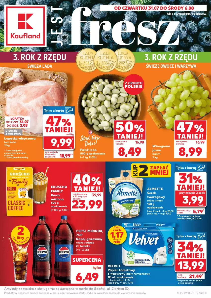 Gazetka promocyjna Kaufland - Gazetka tygodnia - ważna 31.07 do 06.08.2025 - strona 1 - produkty: 7up, Almette, Fa, Grunt, Kawa, Kawa mielona, Mirinda, Napój, Napój gazowany, Owoce, Papier, Papier toaletowy, Pepsi, Rum, Ser, Serek, Serek twarogowy, Velvet, Warzywa, Wino, Winogrona
