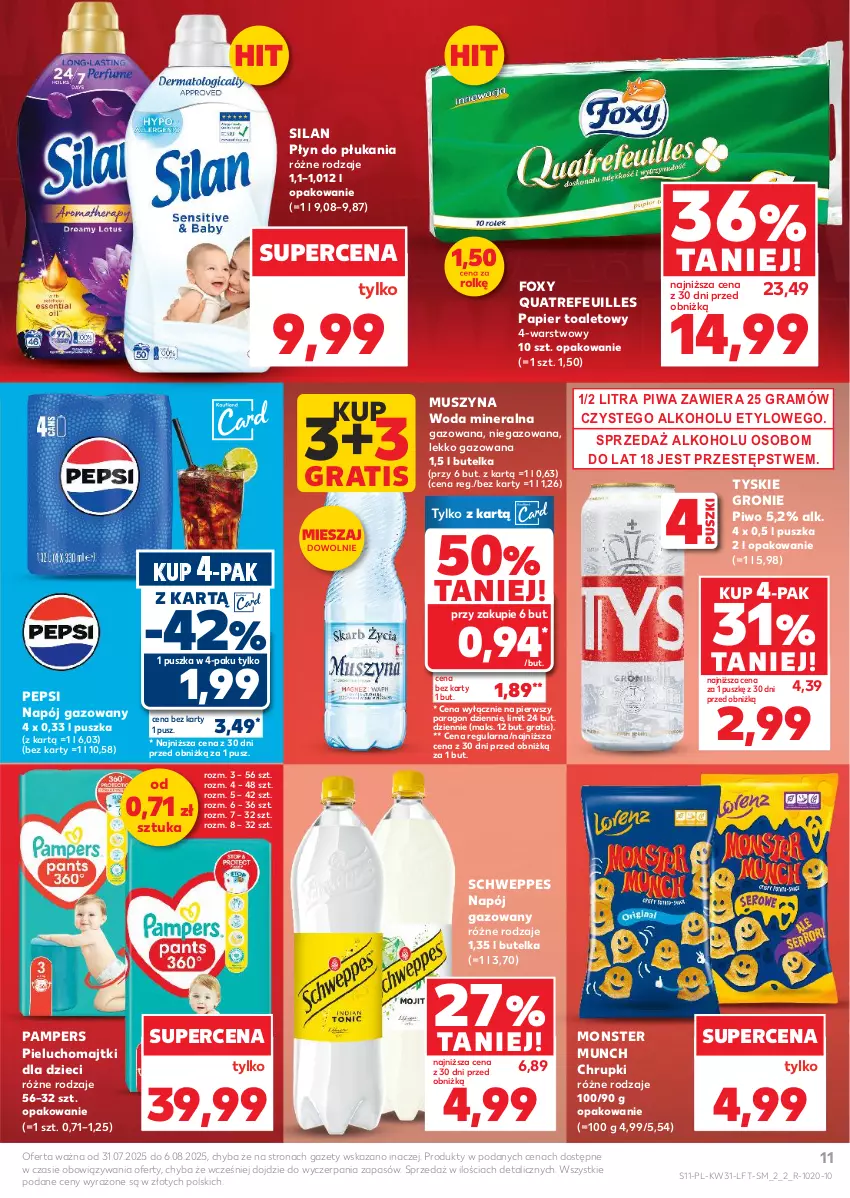 Gazetka promocyjna Kaufland - Gazetka tygodnia - ważna 31.07 do 06.08.2025 - strona 11 - produkty: Chrupki, Dzieci, Foxy, Gra, Majtki, Monster Munch, Mus, Napój, Napój gazowany, Pampers, Papier, Papier toaletowy, Pepsi, Pieluchomajtki, Piwa, Piwo, Płyn do płukania, Schweppes, Silan, Szyna, Tyskie, Woda, Woda mineralna