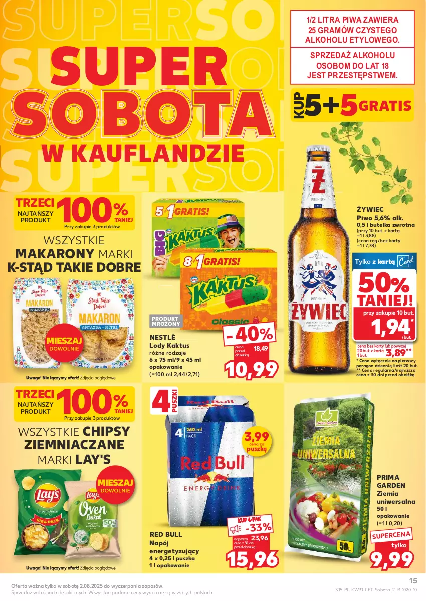 Gazetka promocyjna Kaufland - Gazetka tygodnia - ważna 31.07 do 06.08.2025 - strona 15 - produkty: Chipsy, Gra, Kaktus, Lody, Makaron, Napój, Nestlé, Piwa, Piwo, Prima, Red Bull, Waga