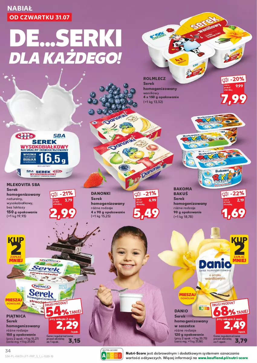Gazetka promocyjna Kaufland - Gazetka tygodnia - ważna 31.07 do 06.08.2025 - strona 34 - produkty: Bakoma, Danio, Danonki, Mleko, Mlekovita, Piątnica, Rolmlecz, Ser, Serek, Serek homogenizowany, Sok