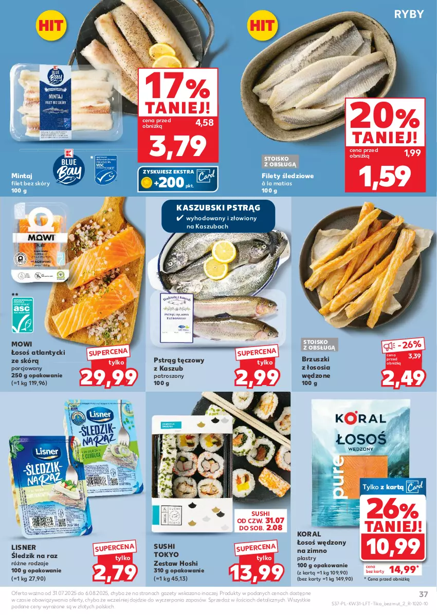 Gazetka promocyjna Kaufland - Gazetka tygodnia - ważna 31.07 do 06.08.2025 - strona 37 - produkty: Brzuszki z łososia, Lisner, Mintaj, Por, Pstrąg, Pstrąg tęczowy, Sos, Sushi