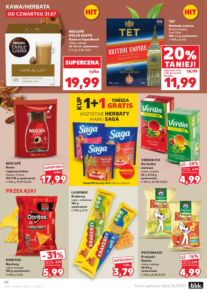 Gazetka promocyjna Kaufland - Gazetka tygodnia - ważna 31.07 do 06.08.2025 - strona 40 - produkty: Brit, Dolce Gusto, Gra, Herbata, Herbata czarna, Kawa, Kawa rozpuszczalna, Krakersy, Lajkonik, Nescafé, Przysnacki, Saga, Tera, Waga