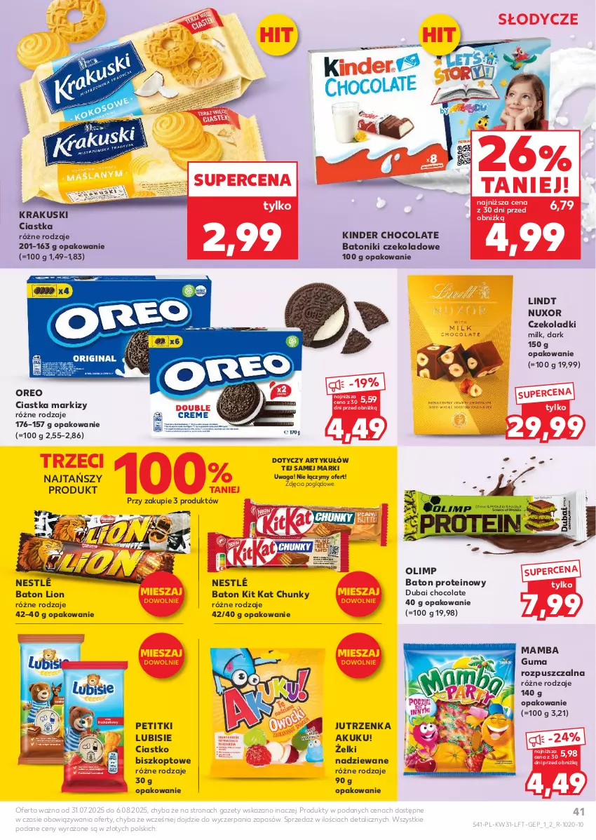 Gazetka promocyjna Kaufland - Gazetka tygodnia - ważna 31.07 do 06.08.2025 - strona 41 - produkty: Baton, Ciastka, Guma rozpuszczalna, Jutrzenka, Kinder, Kit Kat, Krakus, Krakuski, Lindt, Lion, Lubisie, Mamba, Nestlé, Oreo, Tonik, Waga