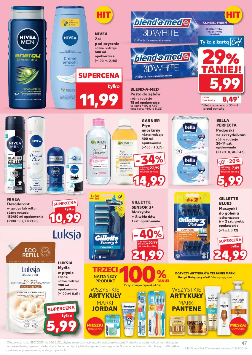 Gazetka promocyjna Kaufland - Gazetka tygodnia - ważna 31.07 do 06.08.2025 - strona 47 - produkty: Bell, Bella, Blend-a-Med, Dezodorant, Garnier, Gillette, Gra, Luksja, Maszynka, Mydło, Mydło w płynie, Nivea, Pantene, Pasta do zębów, Perfecta, Płyn micelarny, Podpaski, Podpaski ze skrzydełkami, Szynka, Waga
