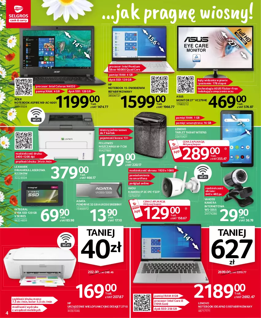 Gazetka promocyjna Selgros - Oferta przemysłowa - ważna 06.04 do 14.04.2021 - strona 4 - produkty: Acer, Asus, Drukarka, Fa, Gra, HP, Intel, Kamera, Kamera internetowa, Kosz, Lenovo, Mobil, Monitor, Niszczarka, Notebook, Obraz, Pendrive, Pentium, Procesor, Ser, Smartfon, Tablet, Top, Urządzenie wielofunkcyjne