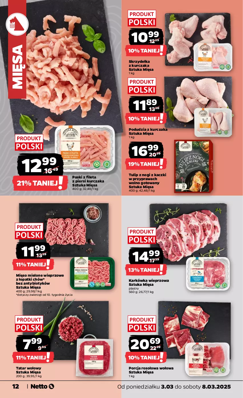 Gazetka promocyjna Netto - Od Poniedziałku - ważna 03.03 do 08.03.2025 - strona 12 - produkty: Karkówka wieprzowa, Kurczak, Mięso, Mięso mielone, Por, Skrzydełka z kurczaka, Tatar wołowy