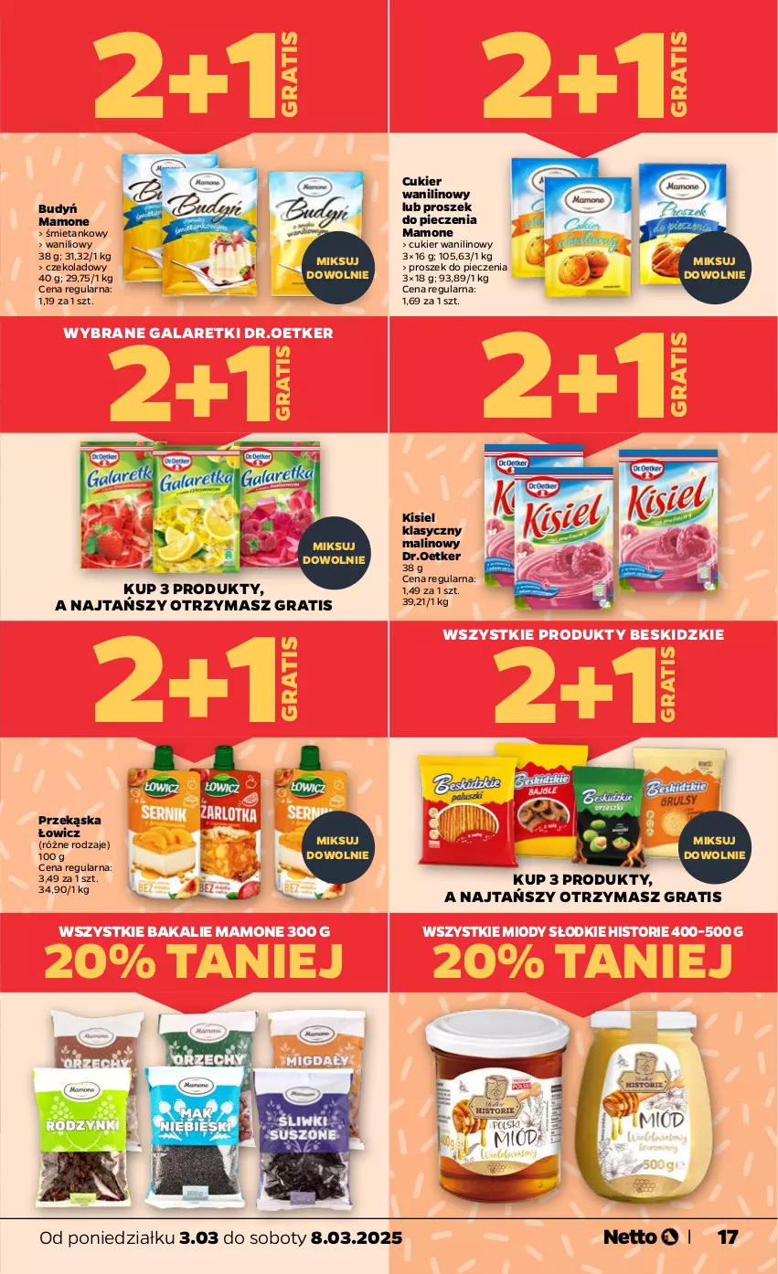 Gazetka promocyjna Netto - Od Poniedziałku - ważna 03.03 do 08.03.2025 - strona 17 - produkty: Beskidzki, Budyń, Cukier, Cukier wanilinowy, Gala, Galaretki, Gra, Kisiel, Piec, Proszek do pieczenia