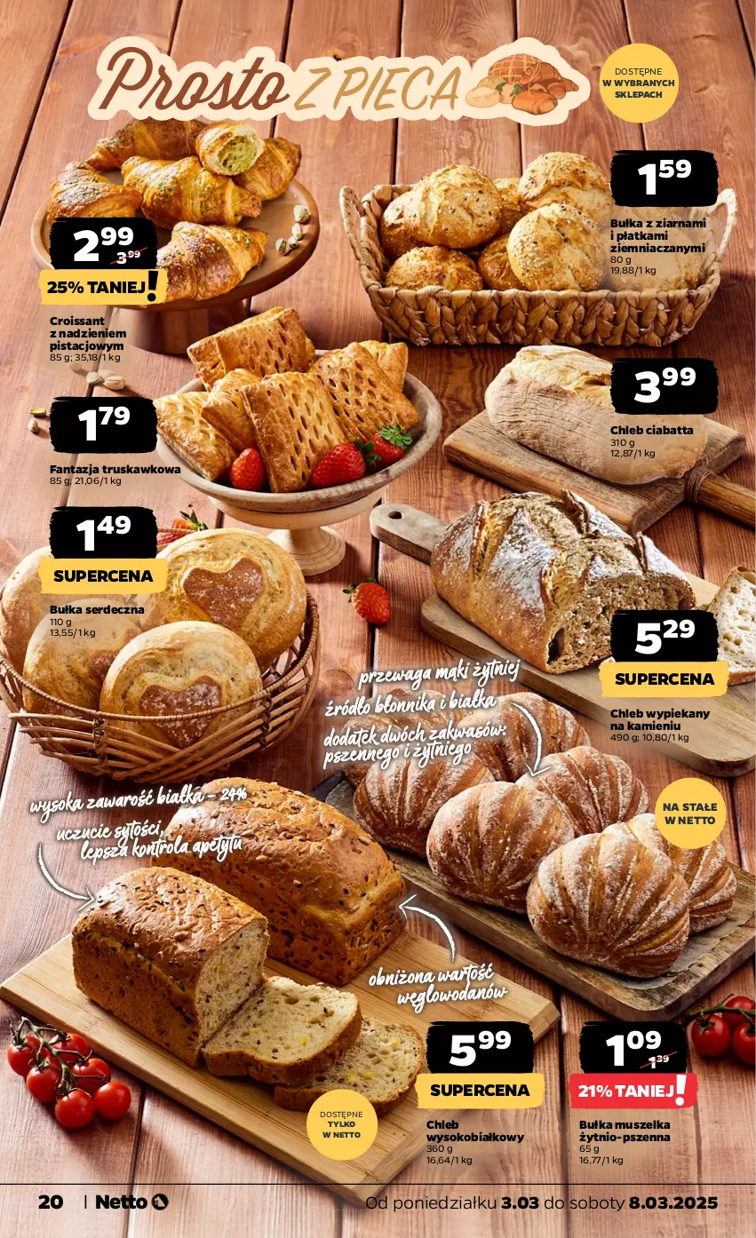 Gazetka promocyjna Netto - Od Poniedziałku - ważna 03.03 do 08.03.2025 - strona 20 - produkty: Bułka, Chleb, Ciabatta, Croissant, Fa, Fanta, Mus, Ser, Sok, Waga, Woda