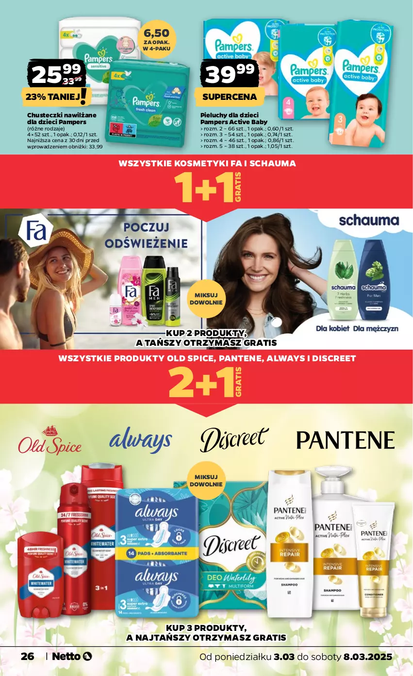 Gazetka promocyjna Netto - Od Poniedziałku - ważna 03.03 do 08.03.2025 - strona 26 - produkty: Always, Chusteczki, Discreet, Dzieci, Fa, Gra, Old Spice, Pampers, Pantene, Pieluchy, Schauma