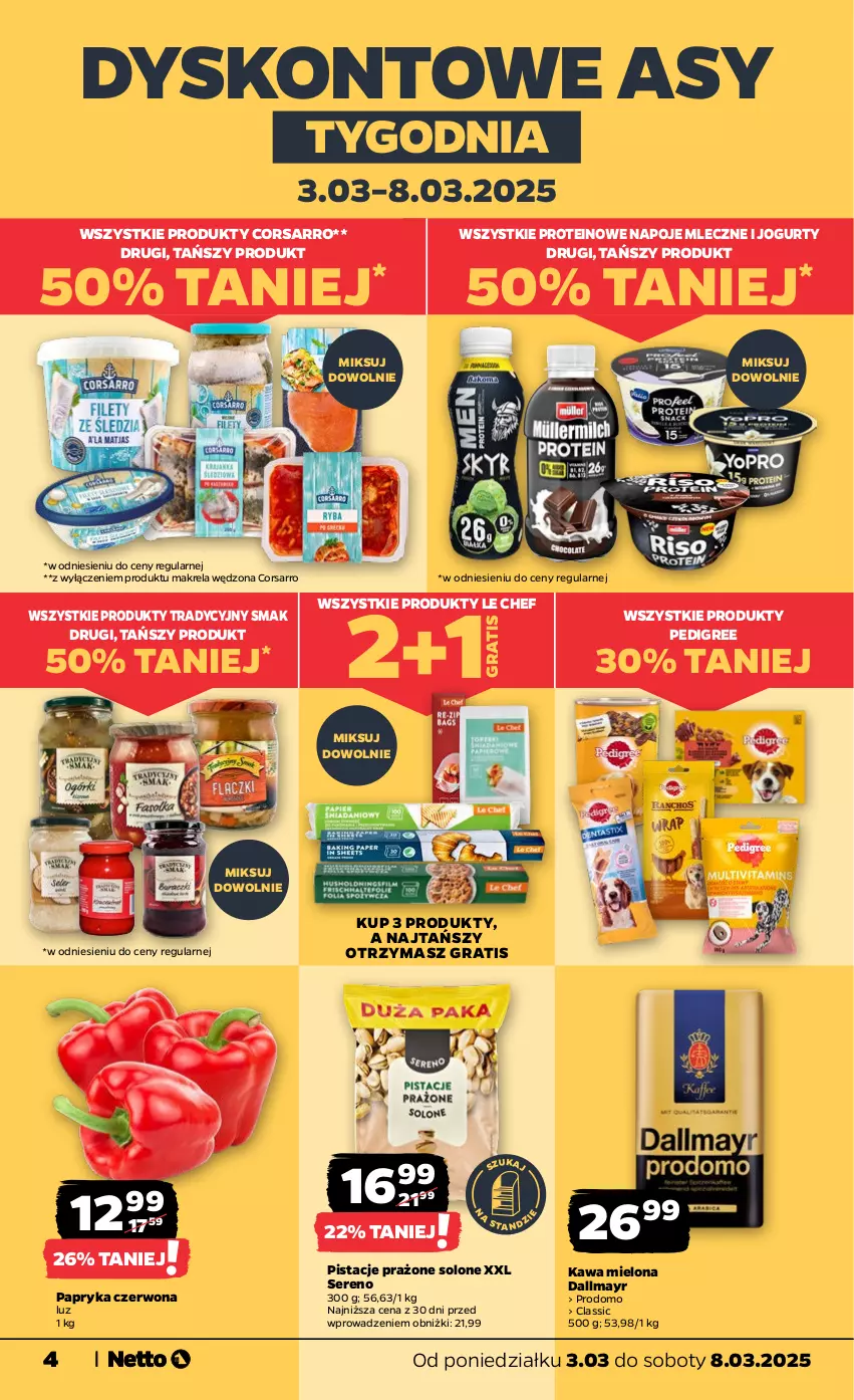 Gazetka promocyjna Netto - Od Poniedziałku - ważna 03.03 do 08.03.2025 - strona 4 - produkty: Dallmayr, Gra, Jogurt, Kawa, Kawa mielona, Napoje, Papryka, Papryka czerwona, Pedigree, Pistacje, Ser