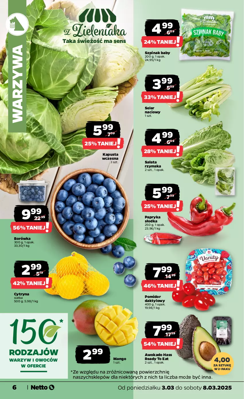 Gazetka promocyjna Netto - Od Poniedziałku - ważna 03.03 do 08.03.2025 - strona 6 - produkty: Borówka, Mango, Papryka, Papryka słodka, Sałat, Seler naciowy, Siatka, Szpinak, Warzywa