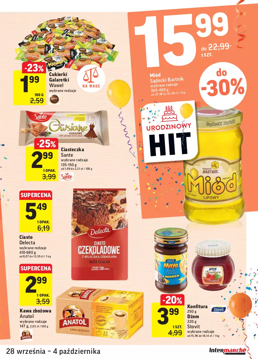 Gazetka promocyjna Intermarche - Gazetka promocyjna - ważna 28.09 do 04.10.2021 - strona 31 - produkty: Cukier, Cukierki, Delecta, Dżem, Gala, Galaretki, Kawa, Kawa zbożowa, Konfitura, Miód, Sante, Wawel