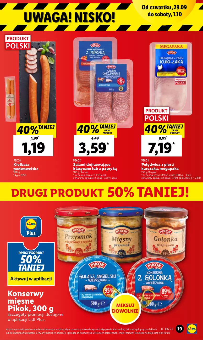 Gazetka promocyjna Lidl - GAZETKA - ważna 29.09 do 01.10.2022 - strona 19 - produkty: Kiełbasa, Kiełbasa podwawelska, Kurczak, PIKOK, Polędwica, Salami, Ser, Waga, Wawel