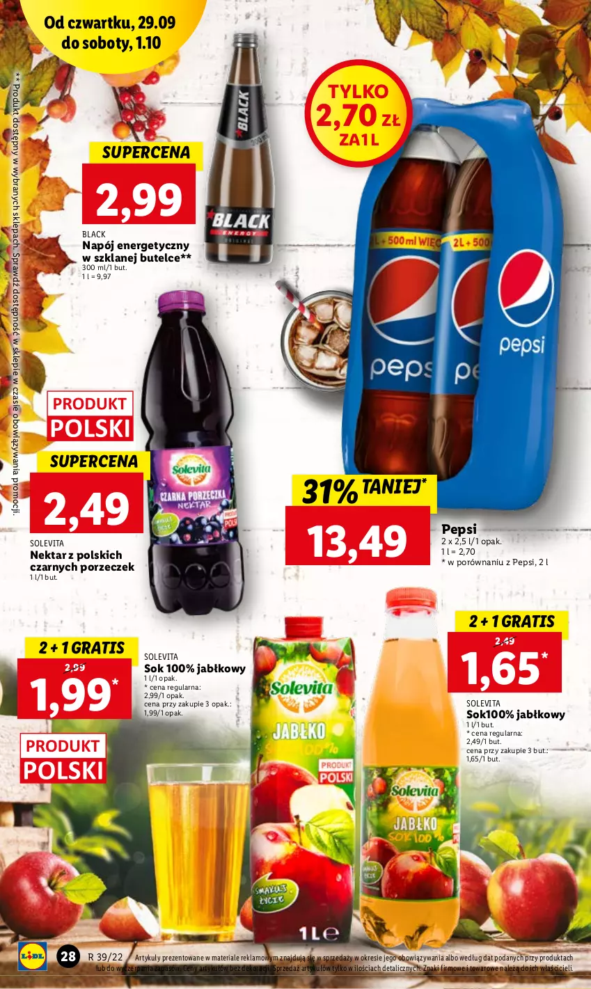 Gazetka promocyjna Lidl - GAZETKA - ważna 29.09 do 01.10.2022 - strona 28 - produkty: Gra, Lack, Napój, Napój energetyczny, Nektar, Pepsi, Por, Sok